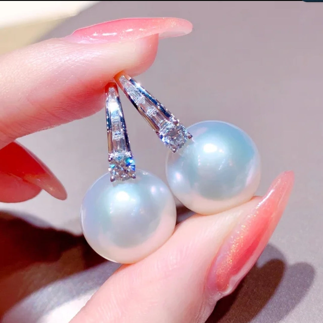 White pearl and cubic zirconia huggie earrings by Zirconite, alternate view, 851E2949
