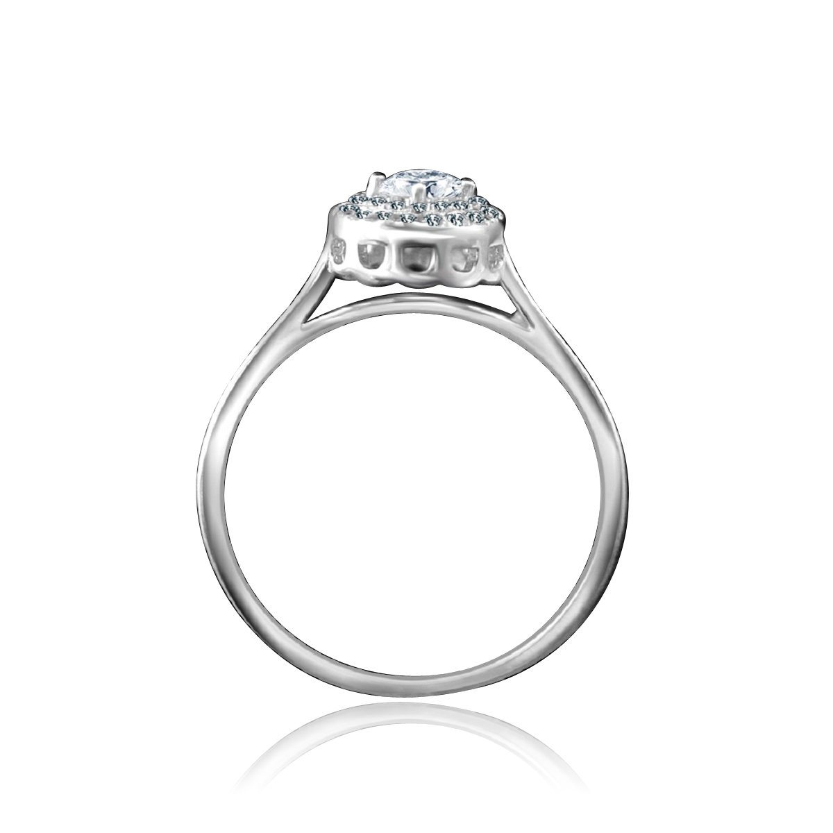 0.25 CT round cubic zirconia double halo ring in sterling silver, profile view, 635R3227