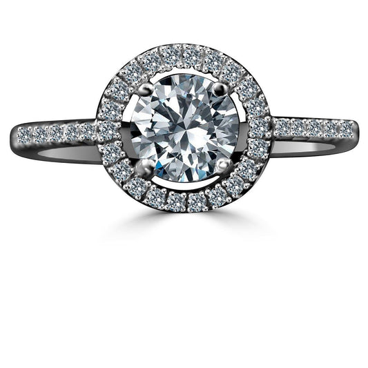 0.75 CT round cubic zirconia halo ring in sterling silver, front view, 635R207