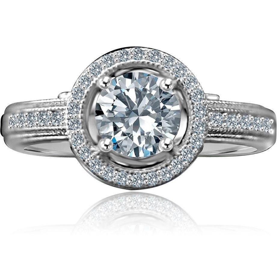 0.75 CT round cubic zirconia micro pavé halo engagement ring in sterling silver, front view, 635R4001