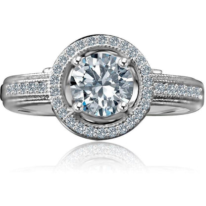 0.75 CT round cubic zirconia micro pavé halo engagement ring in sterling silver, front view, 635R4001