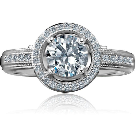 0.75 CT round cubic zirconia micro pavé halo engagement ring in sterling silver, front view, 635R4001