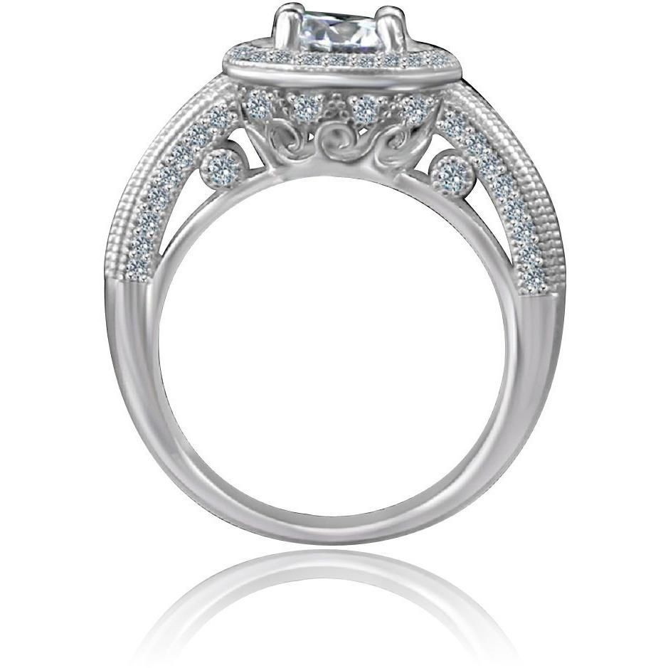 0.75 CT round cubic zirconia micro pavé halo engagement ring in sterling silver, profile view, 635R4001