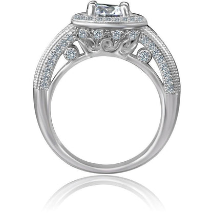0.75 CT round cubic zirconia micro pavé halo engagement ring in sterling silver, profile view, 635R4001