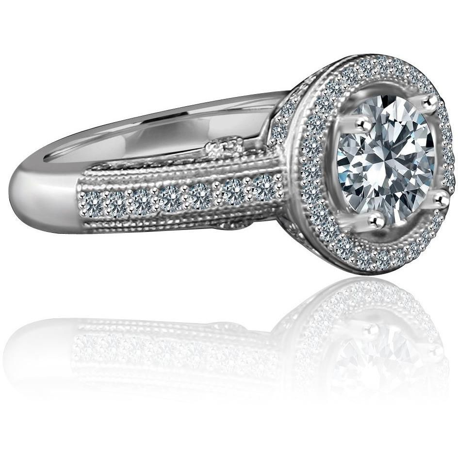 0.75 CT round cubic zirconia micro pavé halo engagement ring in sterling silver, side view, 635R4001