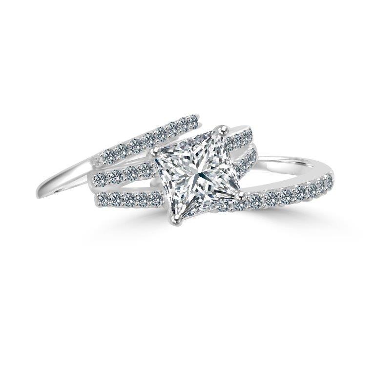 1.5 CT princess-cut cubic zirconia trio wedding ring set in sterling silver, front view, 635R72233