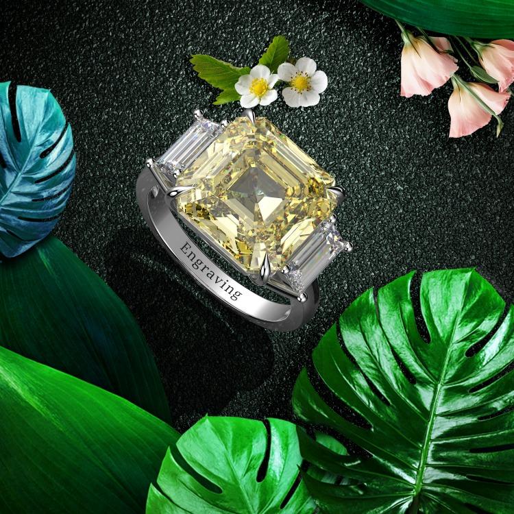 10 CT Asscher-cut cubic zirconia three-stone ring in sterling silver, canary yellow stone styled shot, 801R9061
