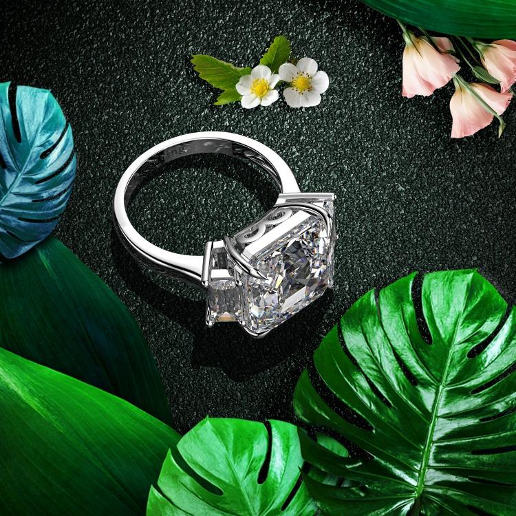 10 CT Asscher-cut cubic zirconia three-stone ring in sterling silver, clear stone styled shot, 801R9061