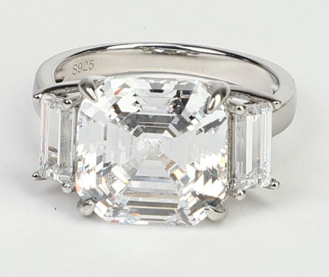 10 CT Asscher-cut cubic zirconia three-stone ring in sterling silver, close-up view, 801R9061