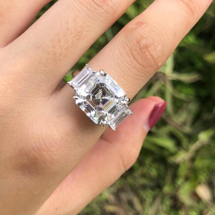 10 CT Asscher-cut cubic zirconia three-stone ring in sterling silver, worn on hand, 801R9061