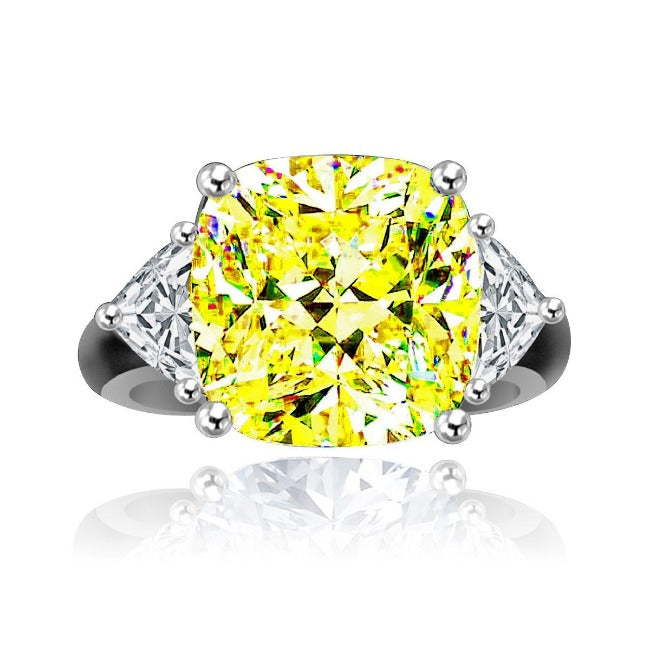 10 CT cushion-cut cubic zirconia ring with trillion side stones in 14K gold, canary yellow stone, 635R71199K