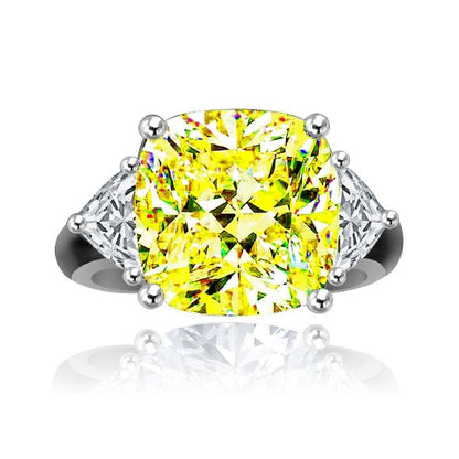 10 CT cushion-cut cubic zirconia ring with trillion side stones in 14K gold, canary yellow stone, 635R71199K