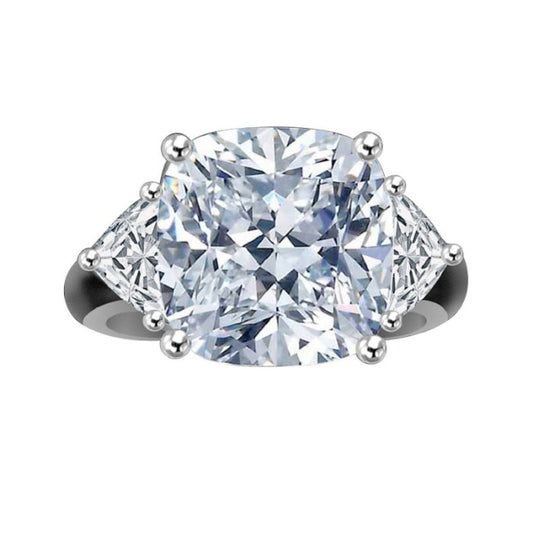 10 CT cushion-cut cubic zirconia ring with trillion side stones in 14K gold, front view, 635R71199K