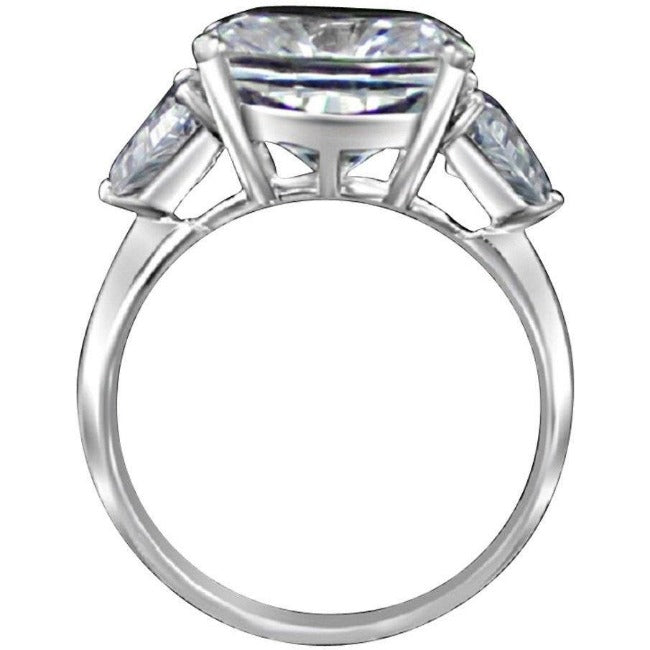 10 CT cushion-cut cubic zirconia ring with trillion side stones in 14K gold, profile view, 635R71199K