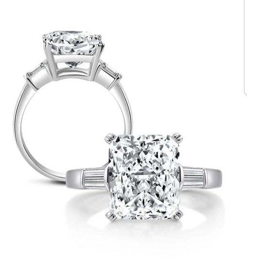 10 CT emerald-cut cubic zirconia three-stone ring in sterling silver, main view, 635R71507