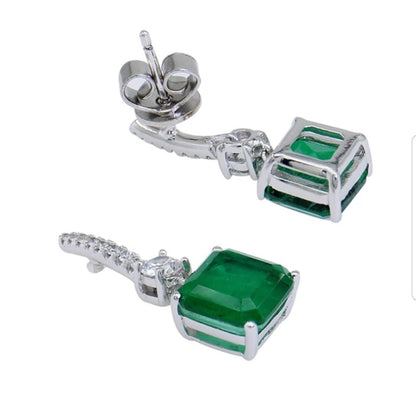 10 CT TW Asscher-cut cubic zirconia drop earrings in sterling silver, emerald green stones back view, 800E201