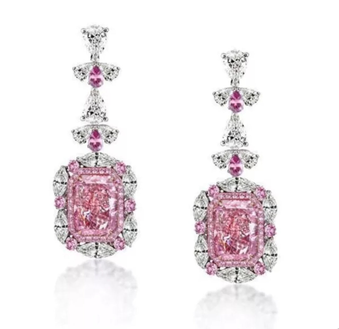 10 CT TW pink radiant-cut cubic zirconia drop earrings, front view, 830E1017
