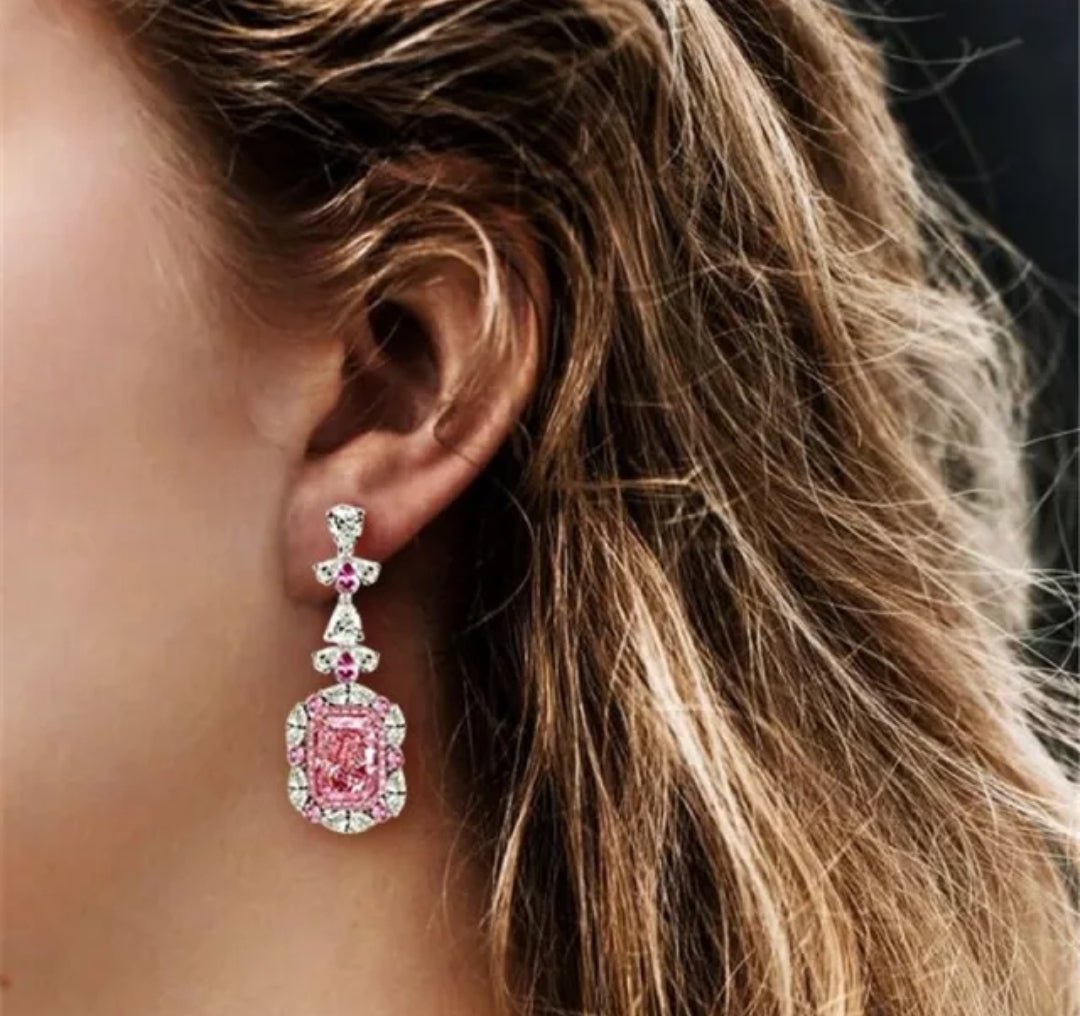 10 CT TW pink radiant-cut cubic zirconia drop earrings, worn on model, 830E1017