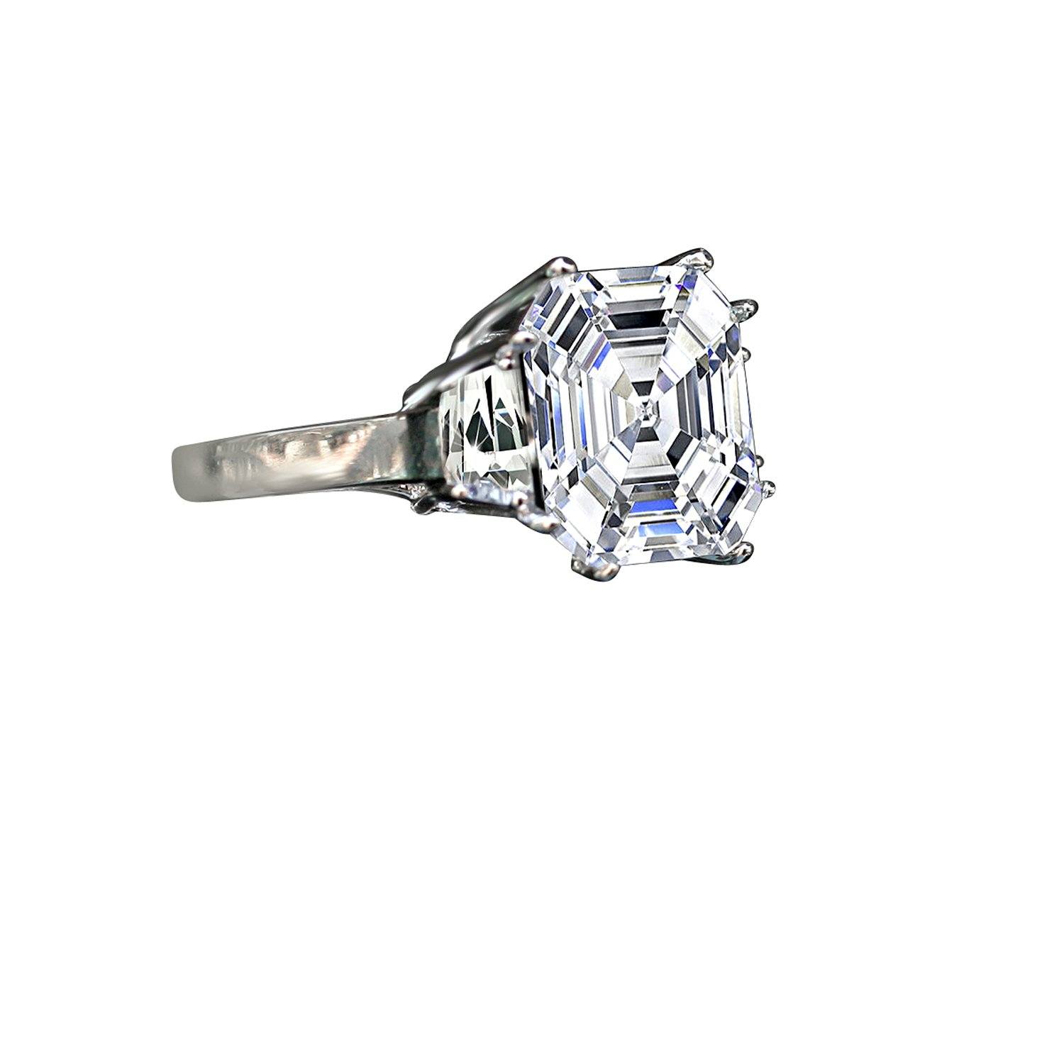 12 CT. Intensely Radiant Asscher Cut Diamond Veneer Cubic Zirconia with side Baguettes Vintage Style Sterling Silver Ring. 635R71577