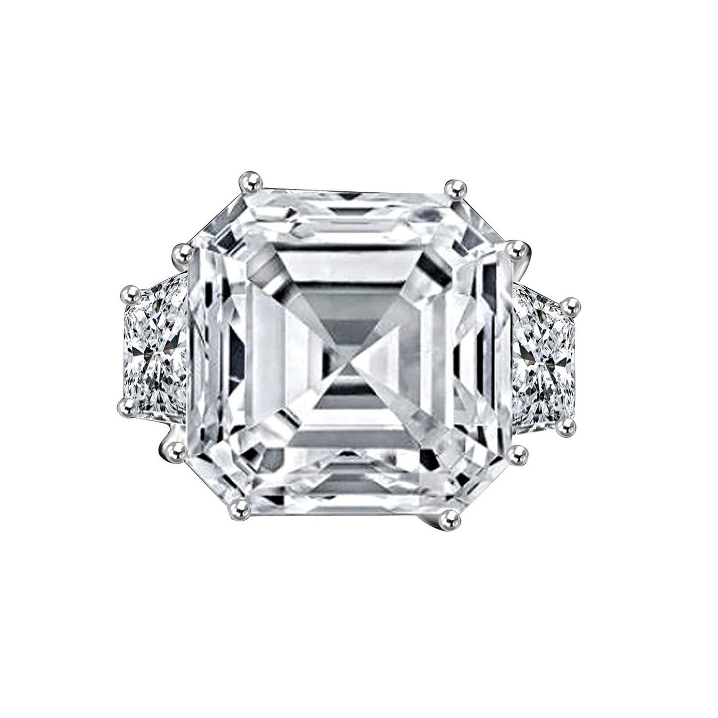 12 CT. Intensely Radiant Asscher Cut Diamond Veneer Cubic Zirconia with side Baguettes Vintage Style Sterling Silver Ring. 635R71577