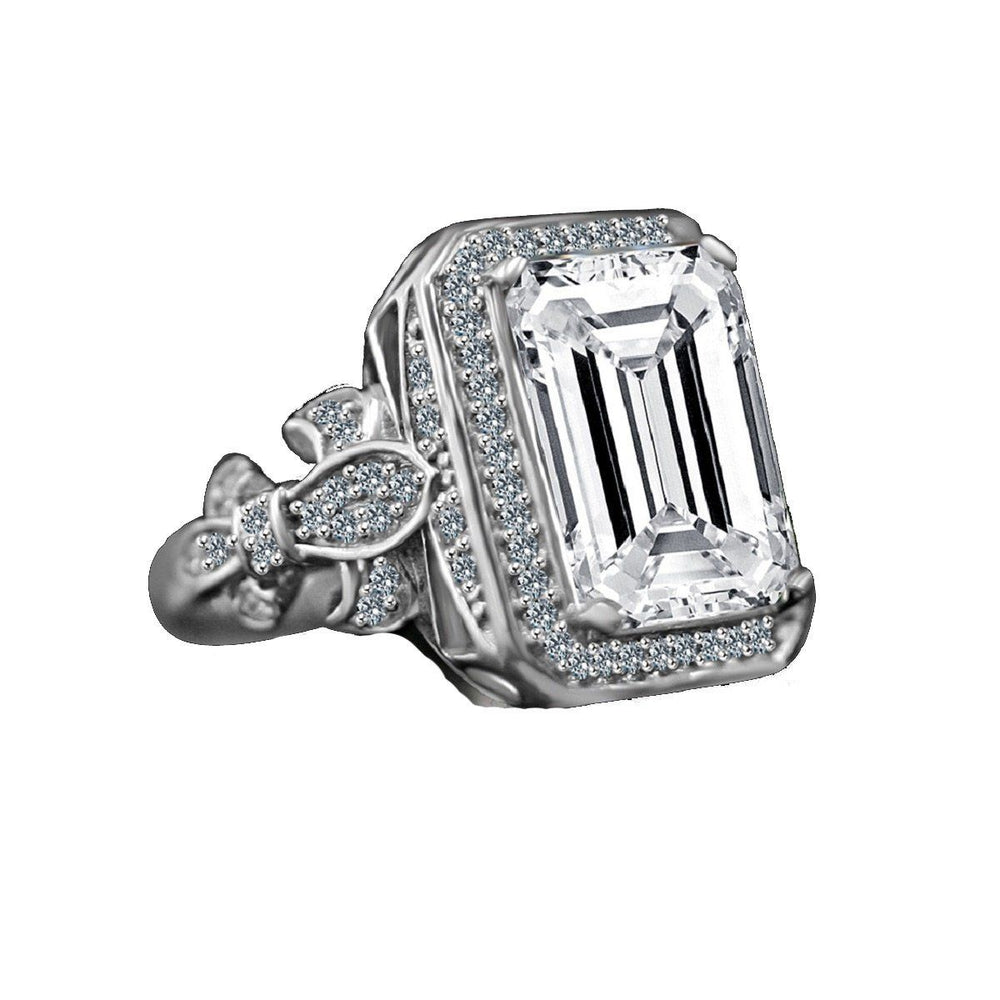13CT Emerald Diamond Veneer Cubic Zirconia Vintage Halo Sterling Silver Cocktail Ring. | Yaacov Hassidim