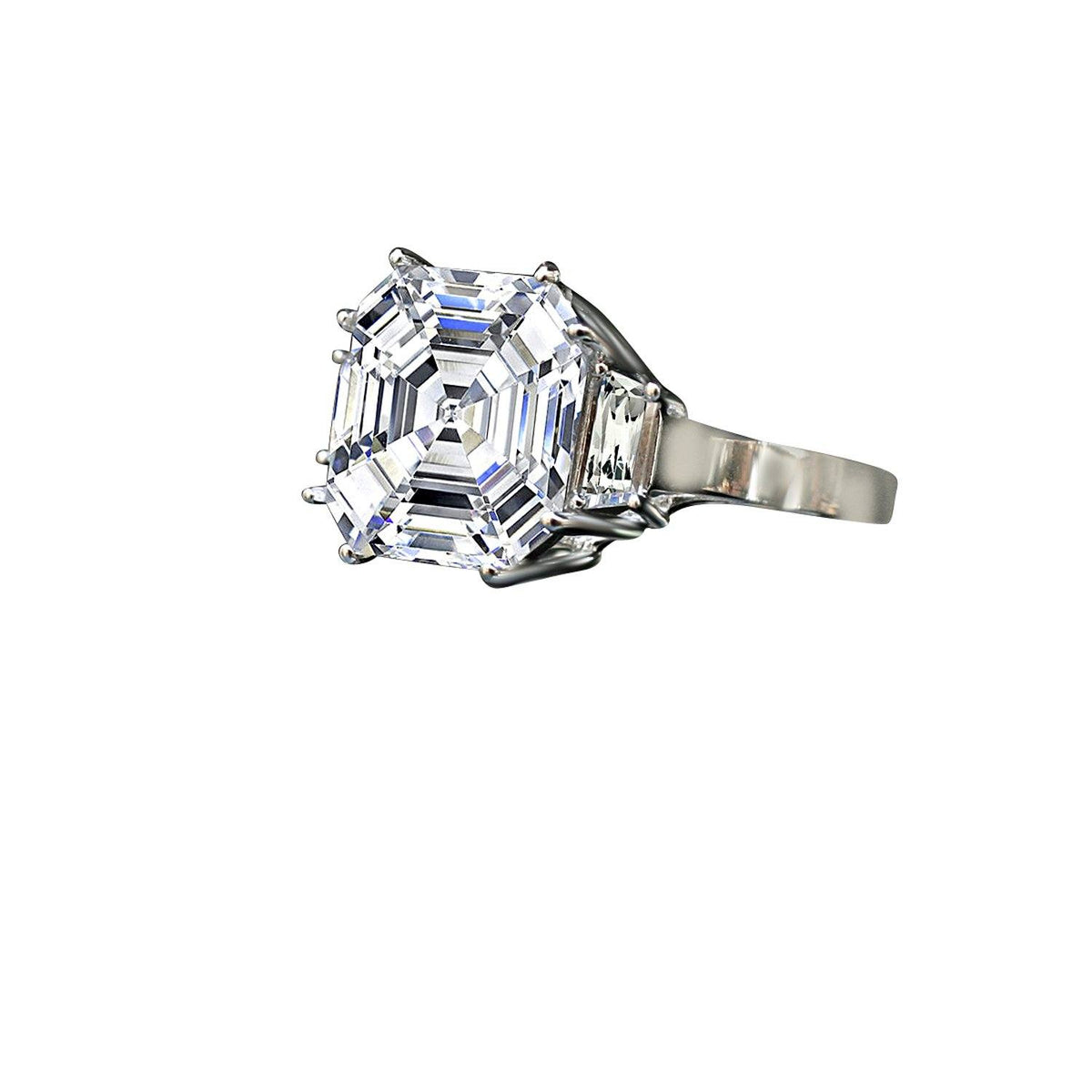 12 CT Asscher-cut cubic zirconia ring with side baguettes in sterling silver, angled view, 635R71577