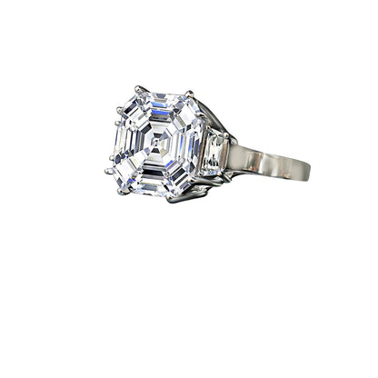 12 CT Asscher-cut cubic zirconia ring with side baguettes in sterling silver, angled view, 635R71577