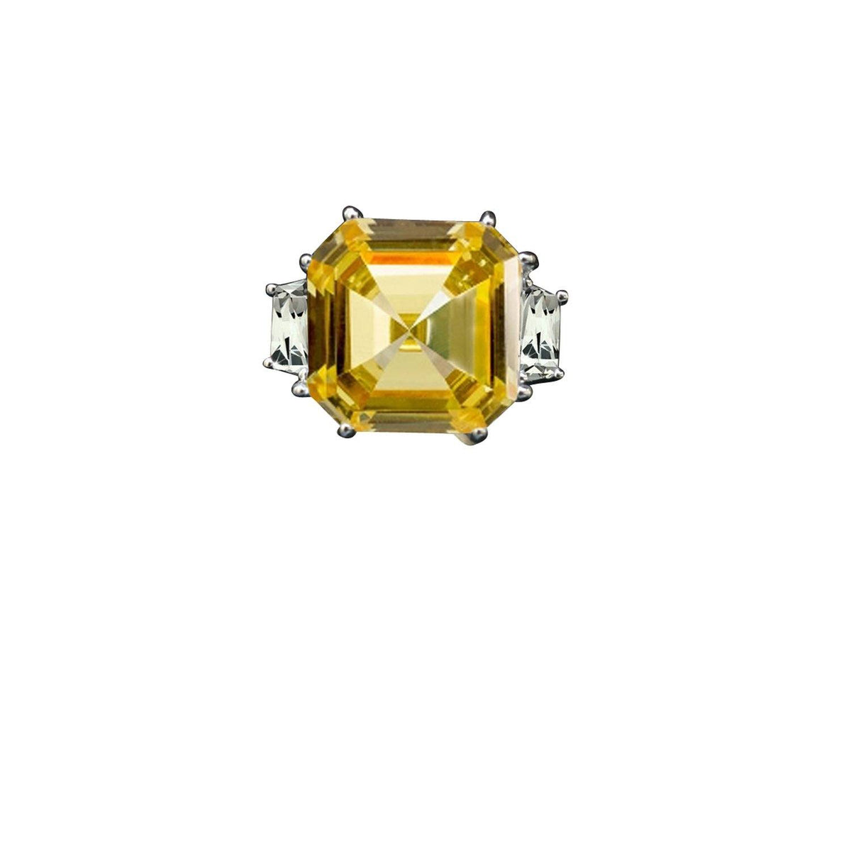 12 CT Asscher-cut cubic zirconia ring with side baguettes in sterling silver, canary yellow stone top view, 635R71577
