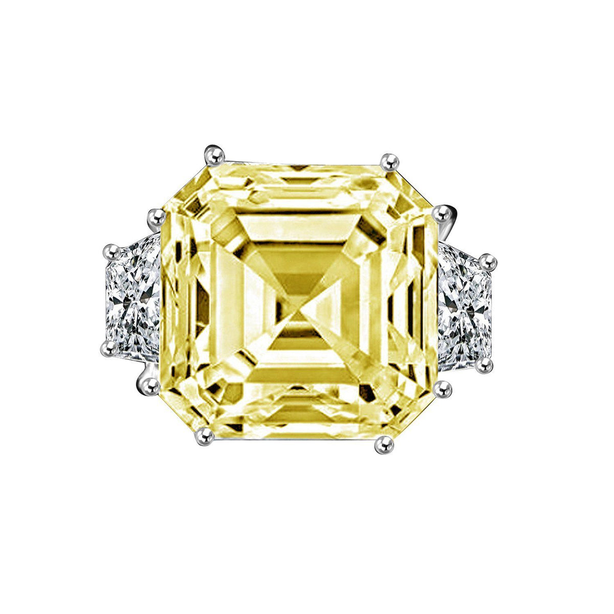 12 CT Asscher-cut cubic zirconia ring with side baguettes in sterling silver, canary yellow stone, 635R71577