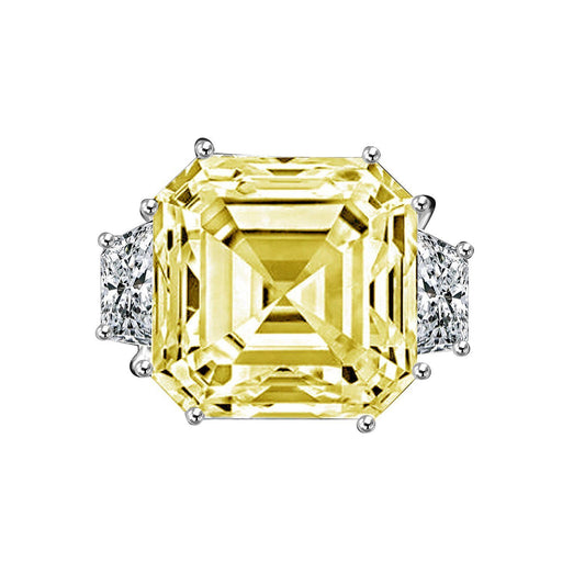 12 CT Asscher-cut cubic zirconia ring with side baguettes in sterling silver, canary yellow stone, 635R71577