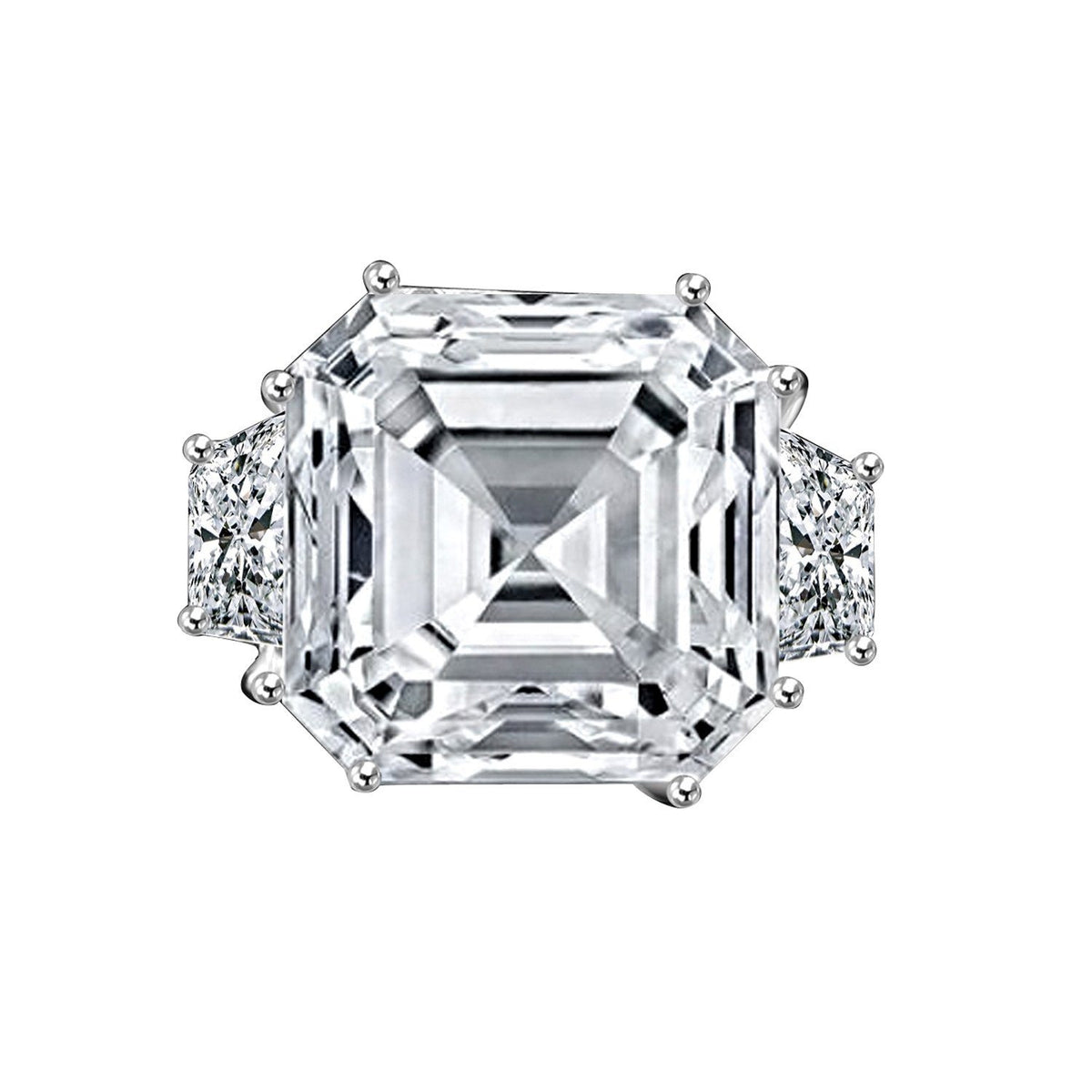 12 CT Asscher-cut cubic zirconia ring with side baguettes in sterling silver, clear stone, 635R71577