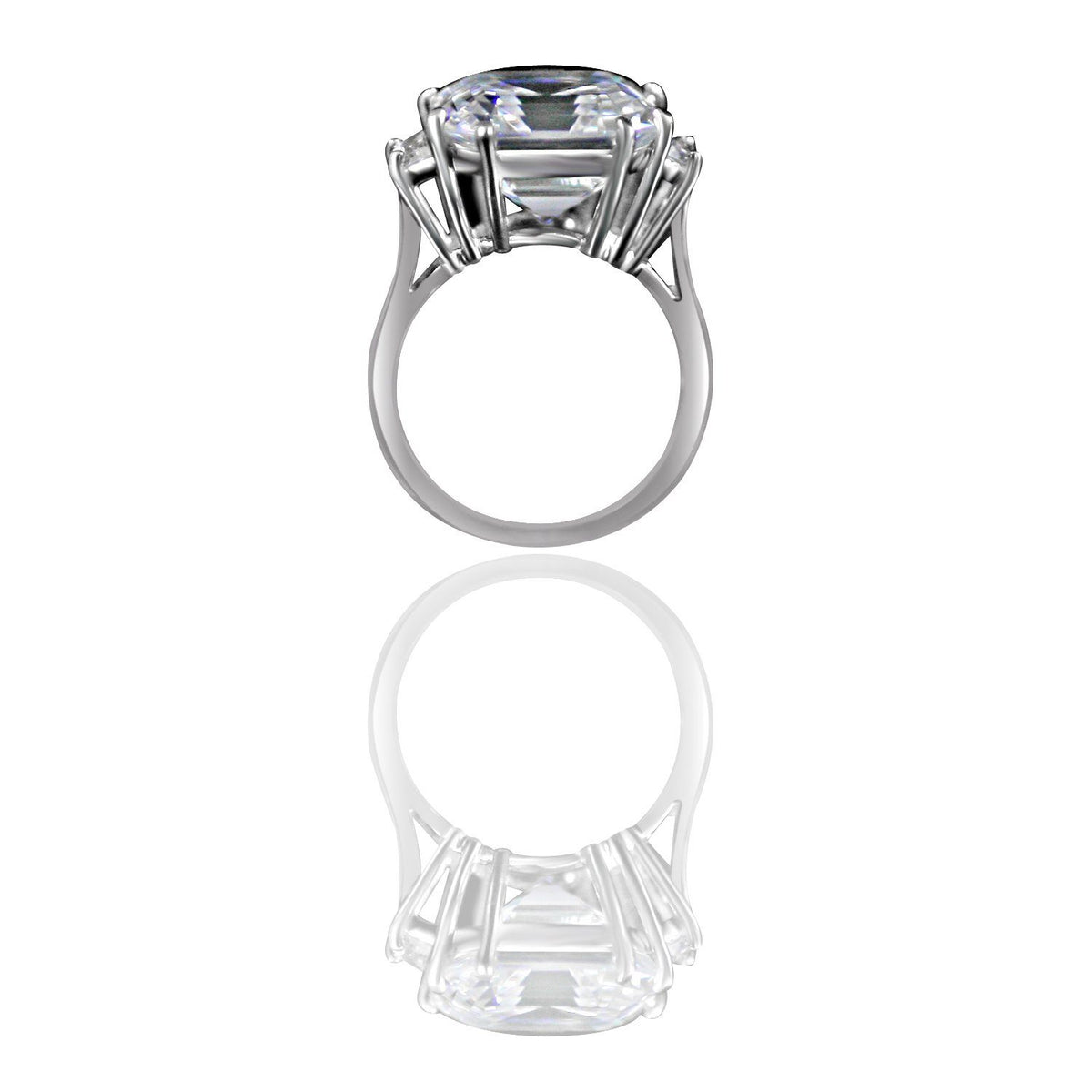 12 CT Asscher-cut cubic zirconia ring with side baguettes in sterling silver, profile view, 635R71577
