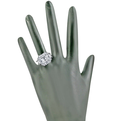 12 CT Asscher-cut cubic zirconia ring with side baguettes in sterling silver, worn on hand, 635R71577