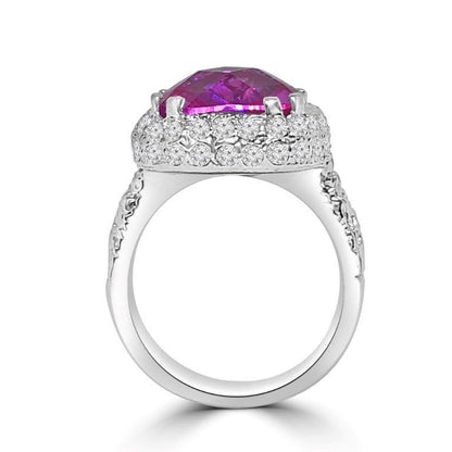12 CT cushion-cut cubic zirconia halo ring in sterling silver, rose pink stone front view, 582RR109