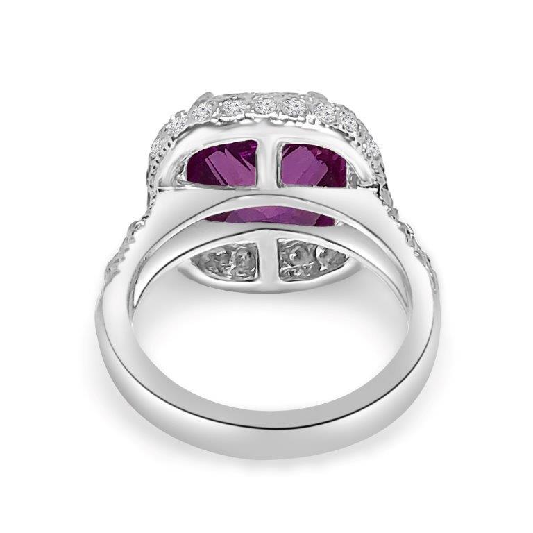 12 CT cushion-cut cubic zirconia halo ring in sterling silver, rose pink stone profile view, 582RR109