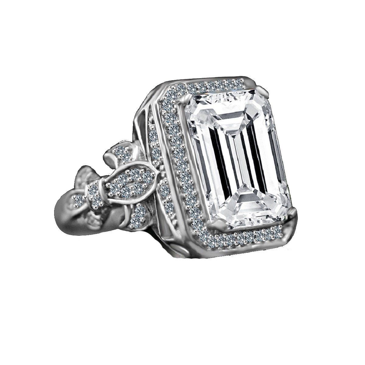 12 CT emerald-cut cubic zirconia vintage halo cocktail ring in sterling silver, angled view, 635R75006