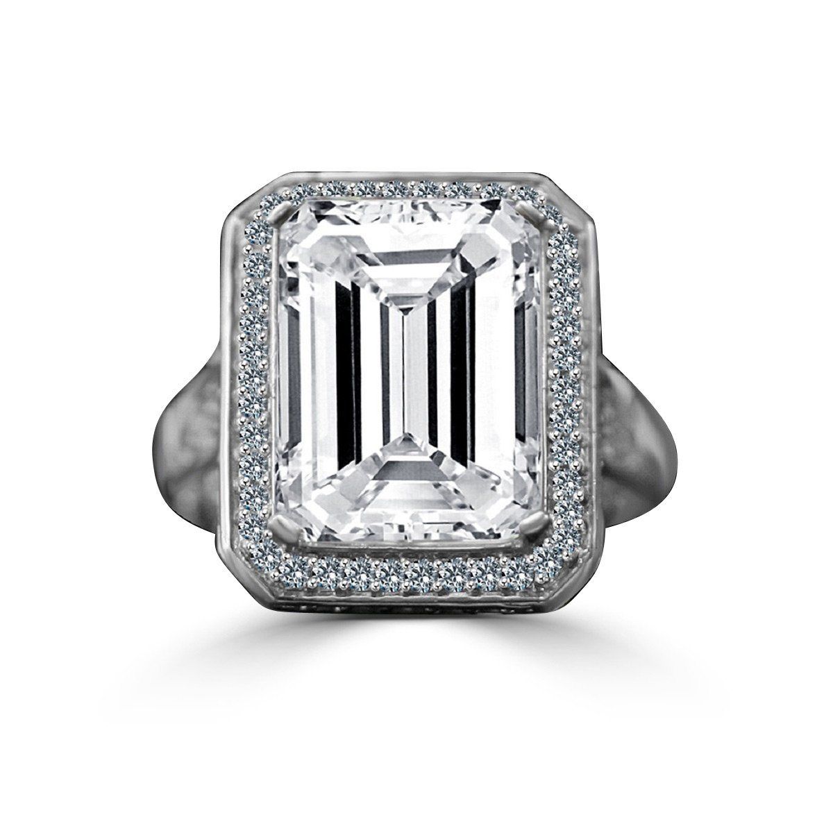 12 CT emerald-cut cubic zirconia vintage halo cocktail ring in sterling silver, front view, 635R75006