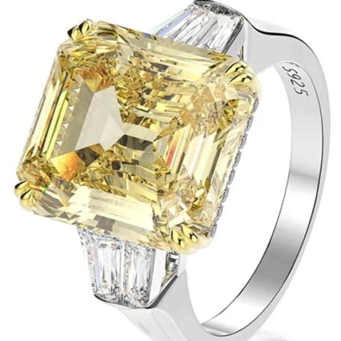 15 CT Asscher-cut cubic zirconia three-stone ring in sterling silver, canary yellow stone angled view, 801R9007