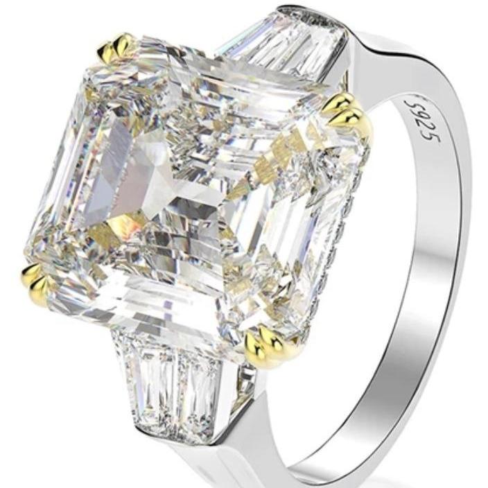 15 CT Asscher-cut cubic zirconia three-stone ring in sterling silver, clear stone angled view, 801R9007