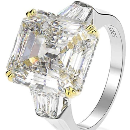 15 CT Asscher-cut cubic zirconia three-stone ring in sterling silver, clear stone angled view, 801R9007