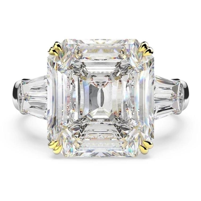 15 CT Asscher-cut cubic zirconia three-stone ring in sterling silver, front view, 801R9007