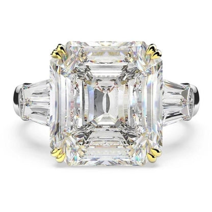 15 CT Asscher-cut cubic zirconia three-stone ring in sterling silver, front view, 801R9007