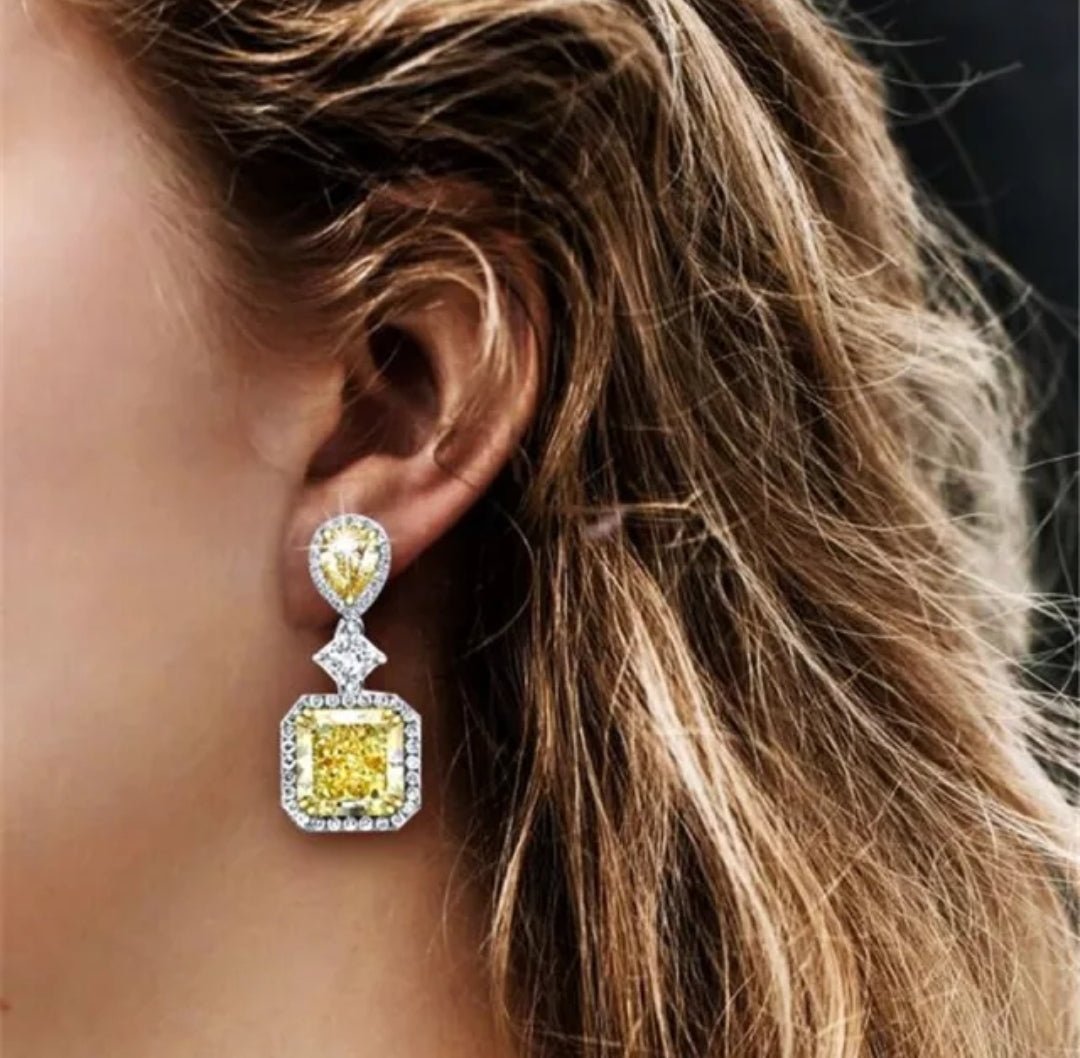 18 CT TW radiant-cut cubic zirconia drop earrings, worn on model, 830E1034