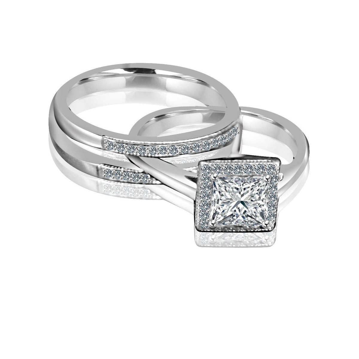 1 CT princess-cut cubic zirconia halo ring set in sterling silver, angled view, 635R4012