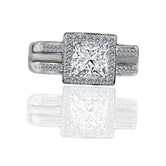 1 CT princess-cut cubic zirconia halo ring set in sterling silver, front view, 635R4012