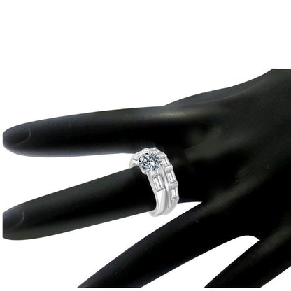 1 CT round cubic zirconia three-stone engagement ring set in sterling silver, worn on hand, 635R32110