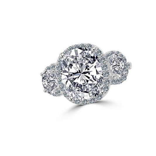 2.5 CT cushion-cut cubic zirconia halo ring with oval side stones in sterling silver, front view, 635R71683