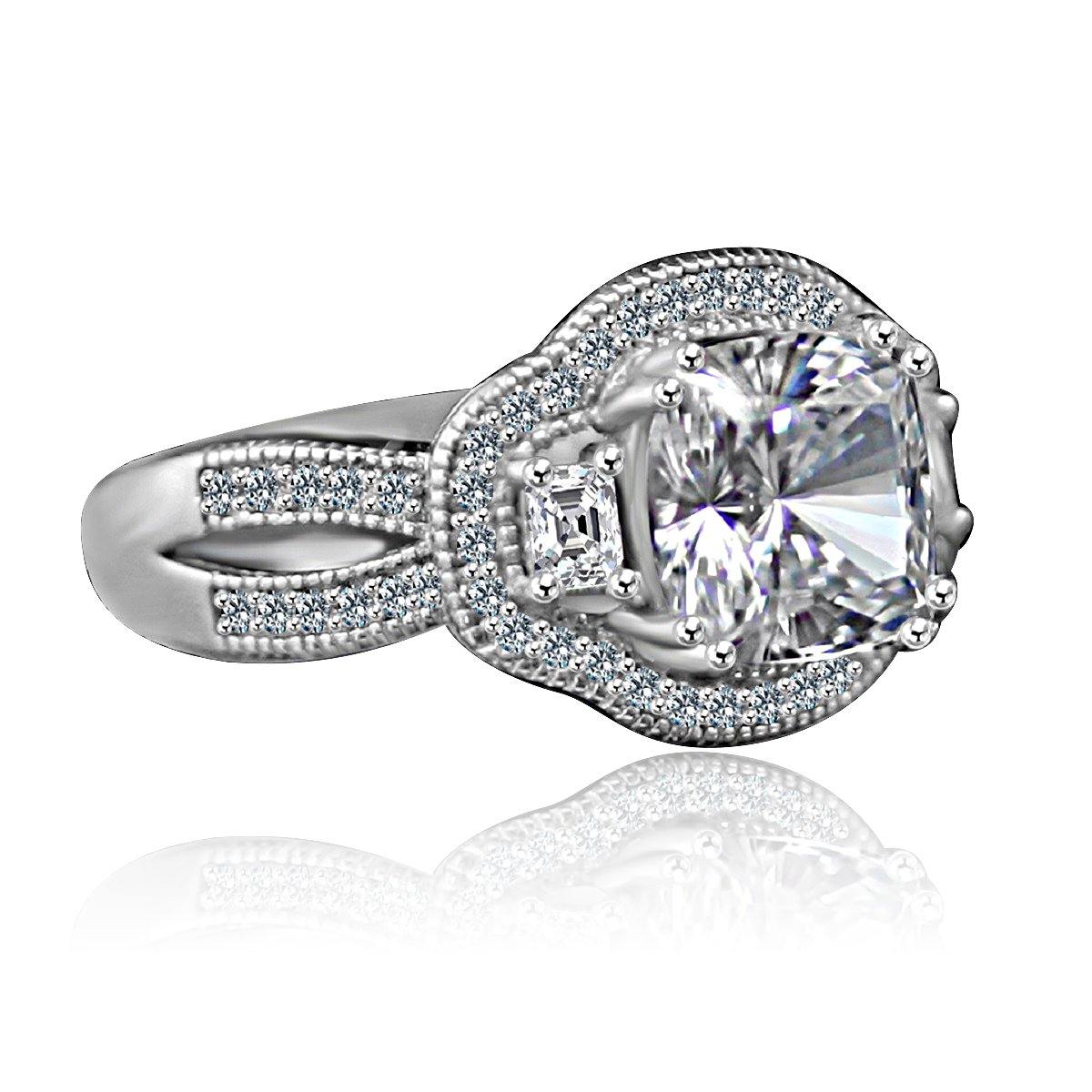 2.5 CT cushion-cut cubic zirconia vintage halo three-stone ring in sterling silver, angled view, 635R4004