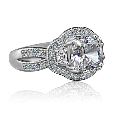2.5 CT cushion-cut cubic zirconia vintage halo three-stone ring in sterling silver, angled view, 635R4004