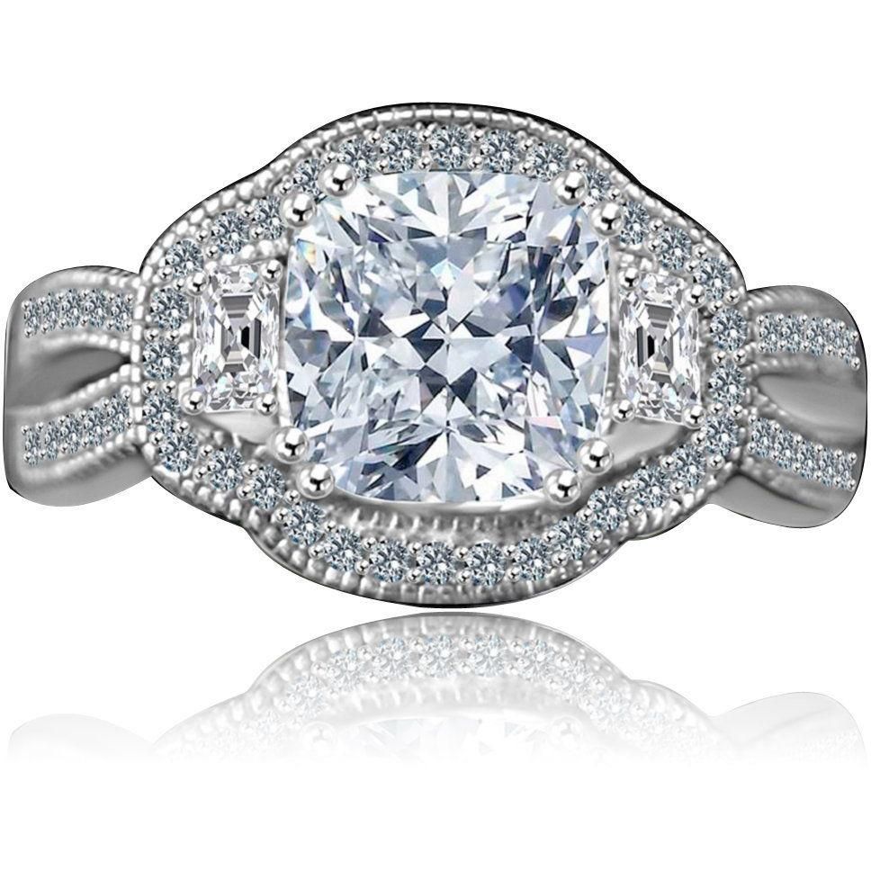 2.5 CT cushion-cut cubic zirconia vintage halo three-stone ring in sterling silver, front view, 635R4004